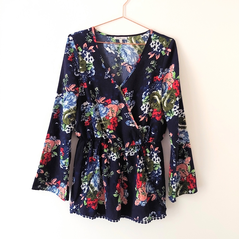 Charlotte Russe navy blue floral long sleeve tunic v neck top